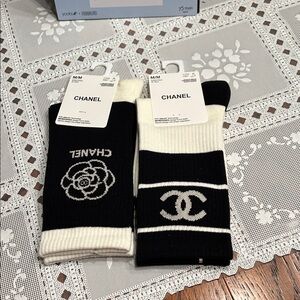 NWT Designer Black and Cream Floral Logo Socks